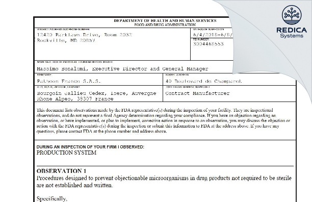 FDA 483 - Patheon France S.A.S [Bourgoin Jallieu / France] - Download PDF - Redica Systems