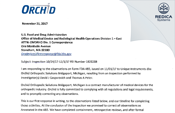 FDA 483 Response - Unique Instruments, Inc. [Bridgeport / United States of America] - Download PDF - Redica Systems