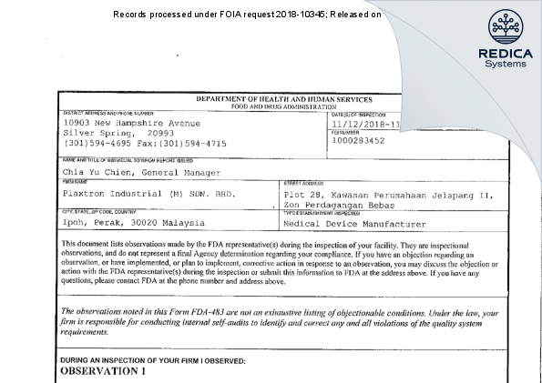 FDA 483 - Plaxtron Industrial (M) SDN. BHD. [Ipoh / Malaysia] - Download PDF - Redica Systems