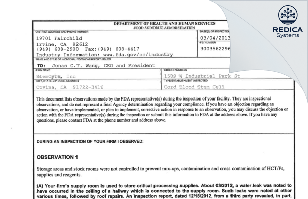 FDA 483 - StemCyte, Inc [Baldwin Park / United States of America] - Download PDF - Redica Systems