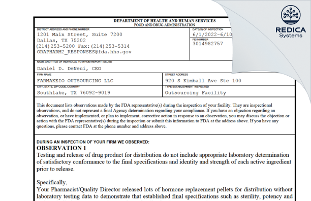 FDA 483 - FARMAKEIO OUTSOURCING LLC [Southlake / United States of America] - Download PDF - Redica Systems