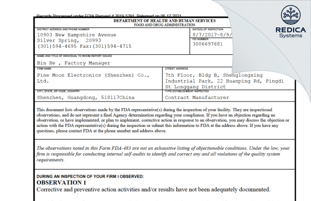 FDA 483 - Pine Moon Electronics (Shenzhen) Co., Ltd. [Shenzhen / China] - Download PDF - Redica Systems
