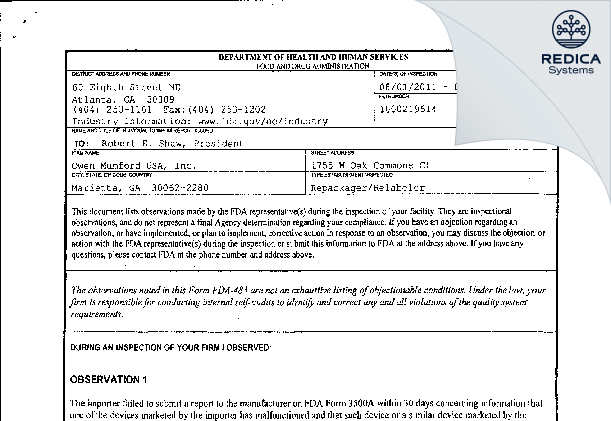 FDA 483 - Owen Mumford USA, Inc. [Marietta / United States of America] - Download PDF - Redica Systems