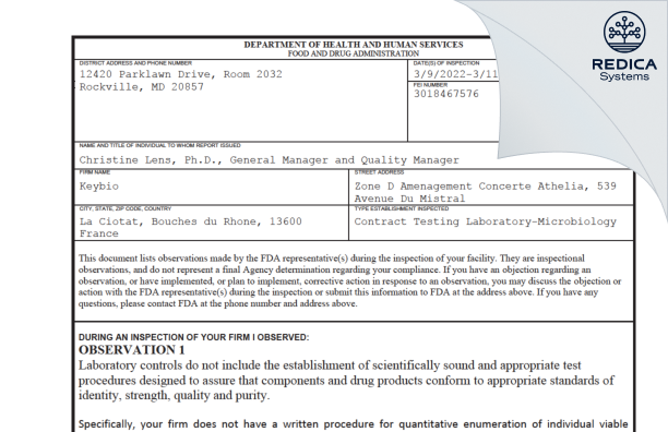 FDA 483 - KEYBIO [France / France] - Download PDF - Redica Systems
