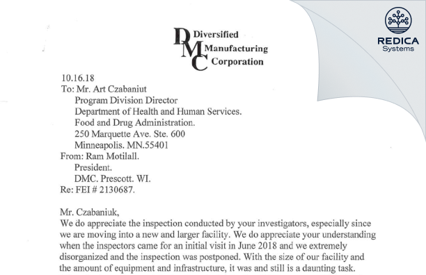 FDA 483 Response - DIVERSIFIED MANUFACTURING CORP [Prescott / United States of America] - Download PDF - Redica Systems