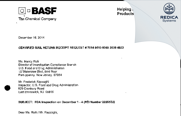 FDA 483 Response - BASF Corporation [Jersey / United States of America] - Download PDF - Redica Systems
