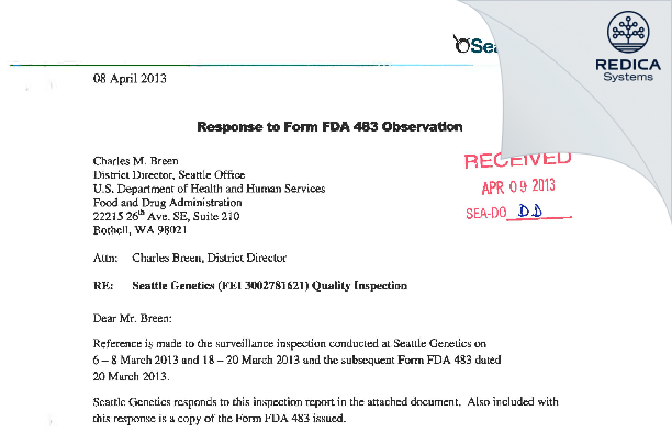 FDA 483 Response - SEAGEN INC. [Bothell / United States of America] - Download PDF - Redica Systems
