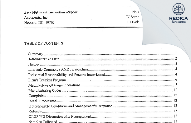 EIR - Accugenix, Inc. [Newark / United States of America] - Download PDF - Redica Systems