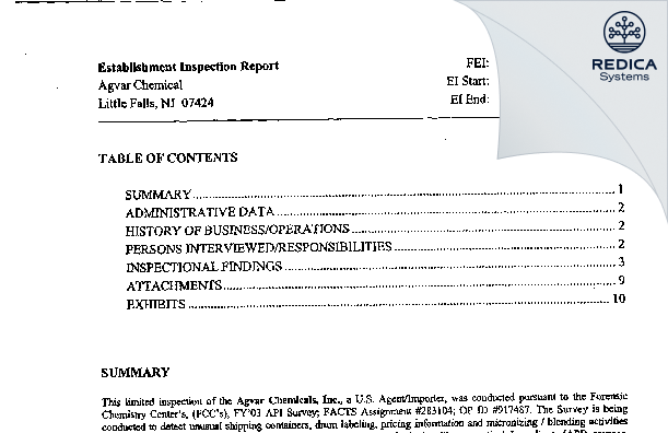 EIR - Agvar Chemical [Little Falls / United States of America] - Download PDF - Redica Systems
