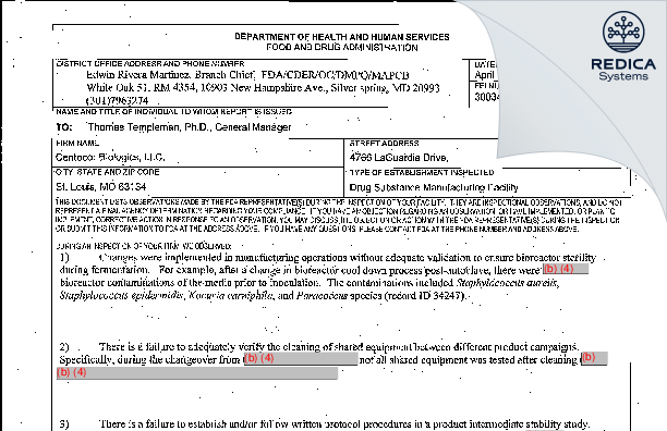 FDA 483 - Patheon Biologics LLC [Saint Louis / United States of America] - Download PDF - Redica Systems