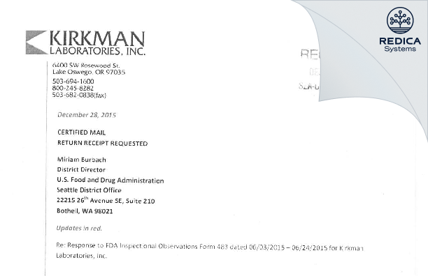 FDA 483 Response - Kirkman Laboratories, Inc. [Lake Oswego / United States of America] - Download PDF - Redica Systems