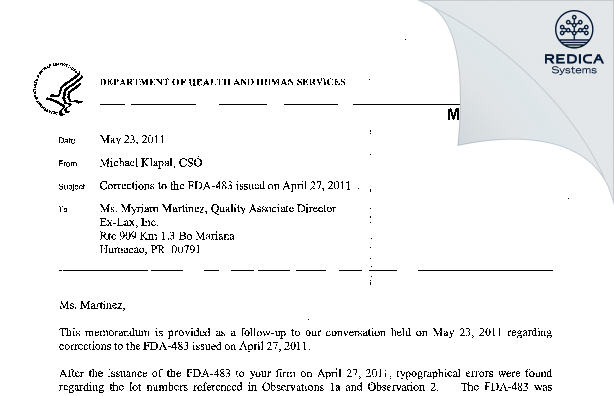 FDA 483 - Ex-Lax, Inc. [Humacao / United States of America] - Download PDF - Redica Systems