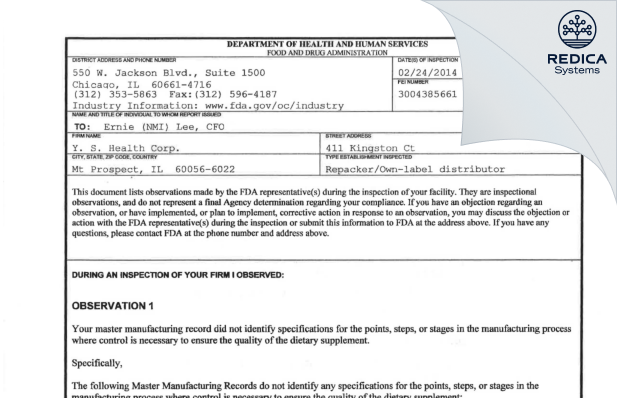 FDA 483 - Y.S. Health Corp. [Mt Prospect / United States of America] - Download PDF - Redica Systems