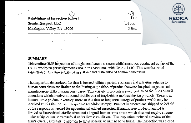 EIR - Scanlan Surgical, Llc [Huntingdon Valley / United States of America] - Download PDF - Redica Systems