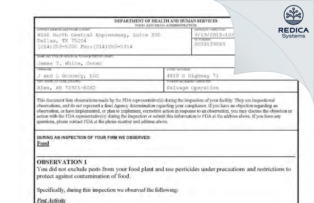 FDA 483 - J and L Grocery, LLC [Alma / United States of America] - Download PDF - Redica Systems