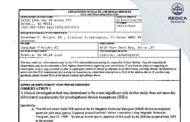 FDA 483 - Jonathan V Wright MD [Tukwila / United States of America] - Download PDF - Redica Systems