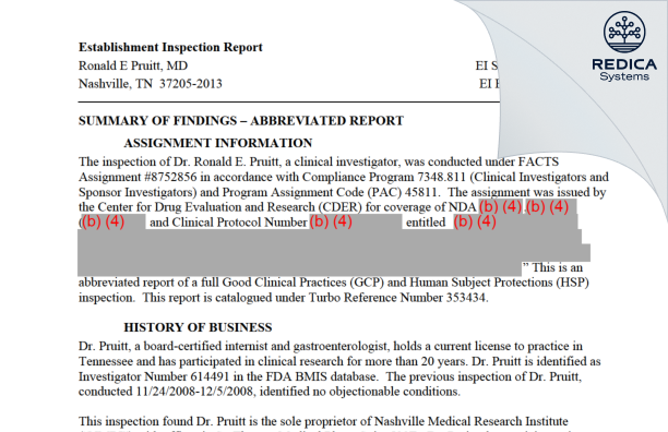 EIR - Ronald E Pruitt, MD [Nashville / United States of America] - Download PDF - Redica Systems