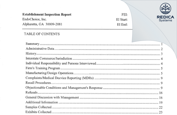 EIR - EndoChoice, Inc. [Alpharetta / United States of America] - Download PDF - Redica Systems