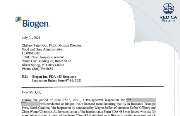 FDA 483 Response - Biogen MA Inc. [Research Triangle Park / United States of America] - Download PDF - Redica Systems