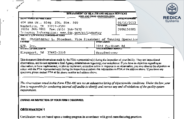 FDA 483 - LPI, Inc. [Kingsport / United States of America] - Download PDF - Redica Systems