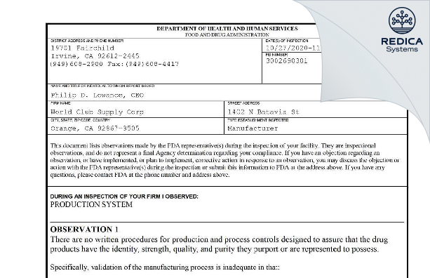FDA 483 - World Club Supply Corp [Orange / United States of America] - Download PDF - Redica Systems