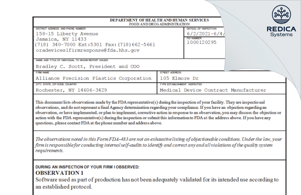 FDA 483 - Alliance Precision Plastics Corporation [Rochester / United States of America] - Download PDF - Redica Systems