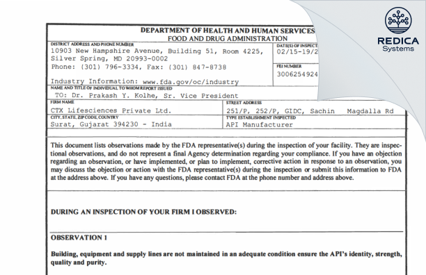 FDA 483 - CTX Lifesciences Pvt. Ltd. [Sachin / India] - Download PDF - Redica Systems