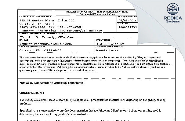 FDA 483 - Nephron Pharmaceuticals Corporation [Orlando / United States of America] - Download PDF - Redica Systems