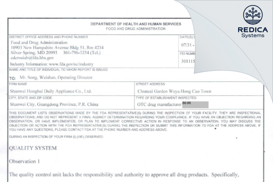 FDA 483 - Shanwei Honghui Daily Appliance Co., Ltd. [Shanwei / China] - Download PDF - Redica Systems