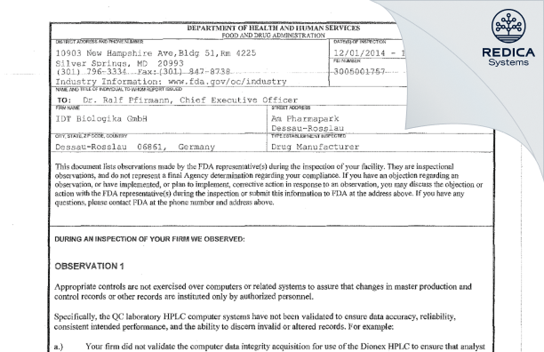 FDA 483 - IDT Biologika GmbH [Dessau-Rosslau / Germany] - Download PDF - Redica Systems