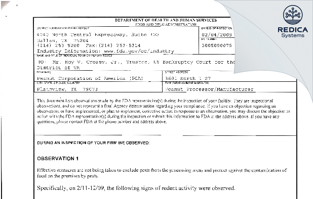 FDA 483 - Peanut Corporation of America (PCA) [Plainview / United States of America] - Download PDF - Redica Systems
