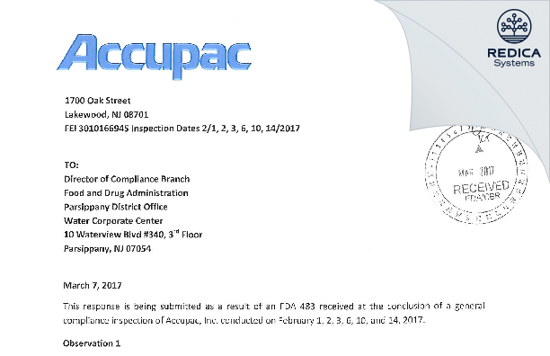 FDA 483 Response - Accupac, LLC [Lakewood / United States of America] - Download PDF - Redica Systems