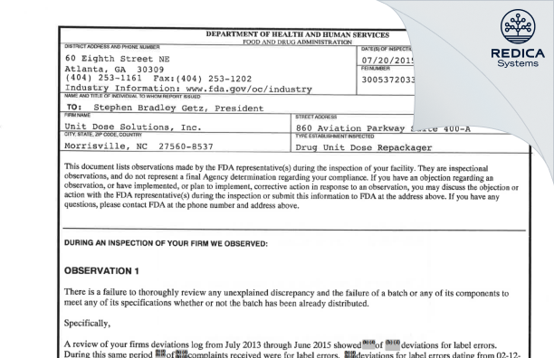 FDA 483 - Unit Dose Solutions, Inc. [Morrisville / United States of America] - Download PDF - Redica Systems