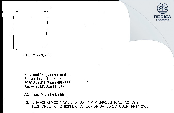 FDA 483 Response - Shanghai Medicinal Ltd. No. 15 Pharmaceutical Factory [Shanghai / China] - Download PDF - Redica Systems