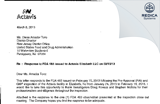 FDA 483 Response - Actavis Elizabeth LLC [Elizabeth / United States of America] - Download PDF - Redica Systems