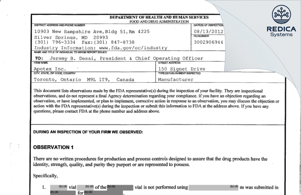 FDA 483 - Apotex Inc. [Toronto / Canada] - Download PDF - Redica Systems