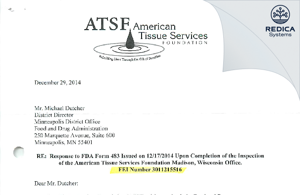 FDA 483 Response - American Tissue Services Foundation [Fitchburg / United States of America] - Download PDF - Redica Systems