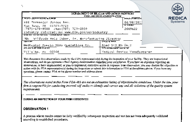 FDA 483 - Medtronic Puerto Rico Operations Co. [Villalba / United States of America] - Download PDF - Redica Systems