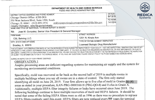 FDA 483 - CSL Behring L.L.C. [Bradley / United States of America] - Download PDF - Redica Systems