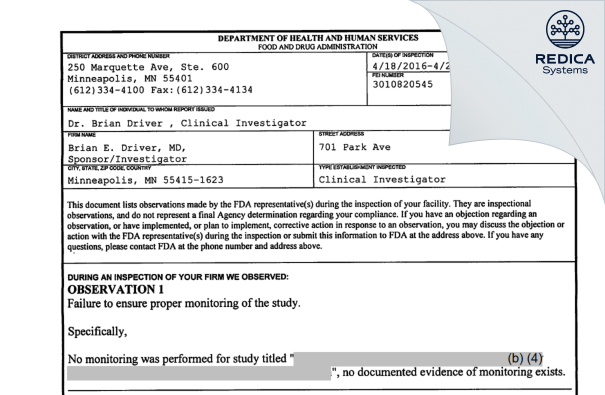 FDA 483 - Brian E. Driver, MD, Sponsor/Investigator [Minneapolis / United States of America] - Download PDF - Redica Systems