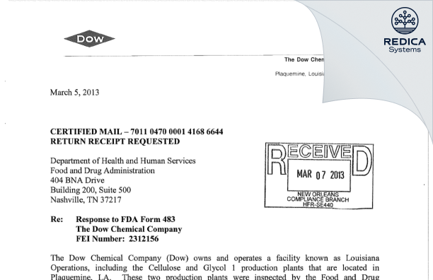 FDA 483 Response - The Dow Chemical Company [Plaquemine / United States of America] - Download PDF - Redica Systems