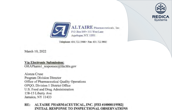 FDA 483 Response - Altaire Pharmaceuticals Inc. [Aquebogue New York / United States of America] - Download PDF - Redica Systems