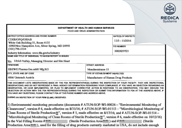 FDA 483 - FAREVA Unterach GmbH [Unterach Am Attersee / Austria] - Download PDF - Redica Systems