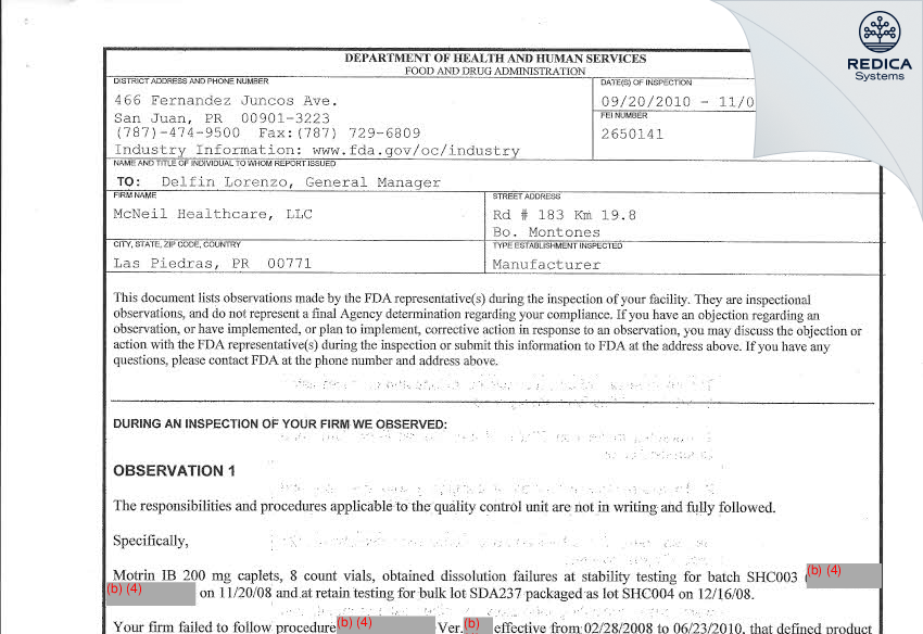 FDA 483 - McNeil Healthcare LLC. [Rico / United States of America] - Download PDF - Redica Systems