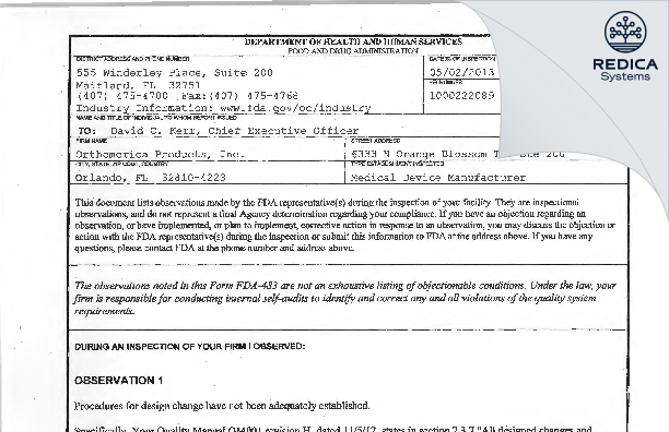 FDA 483 - Orthomerica Products, Inc. [Orlando / United States of America] - Download PDF - Redica Systems