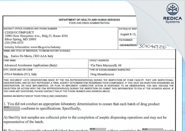 FDA 483 - Advanced Accelerator Applications (Italy) SRL [Meldola / Italy] - Download PDF - Redica Systems
