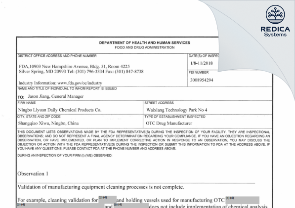 FDA 483 - Ningbo Liyuan Daily Chemical Products Co., Ltd [China / China] - Download PDF - Redica Systems