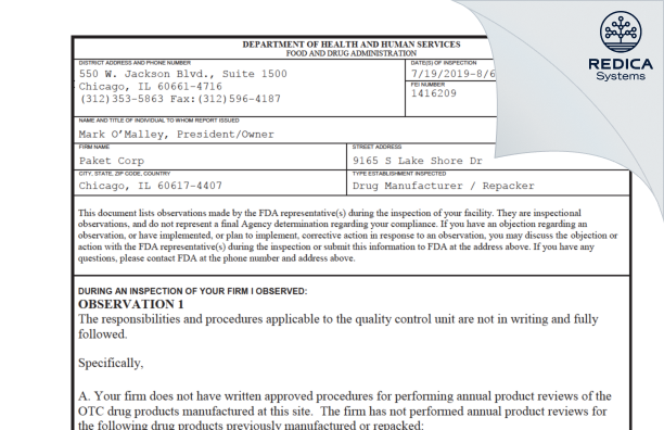 FDA 483 - Paket Corporation [Chicago / United States of America] - Download PDF - Redica Systems