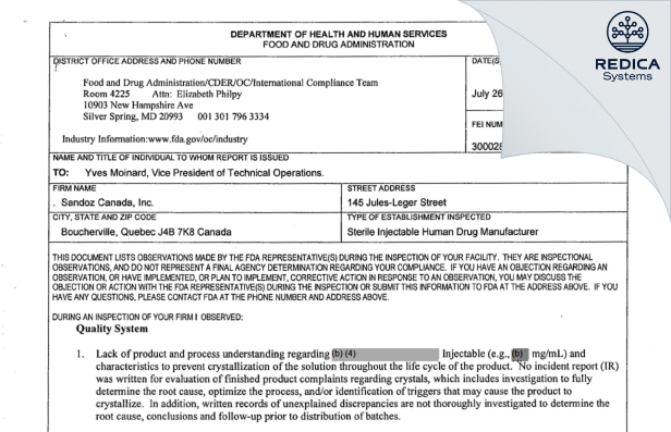 FDA 483 - Delpharm Boucherville Canada Inc. [Boucherville / Canada] - Download PDF - Redica Systems