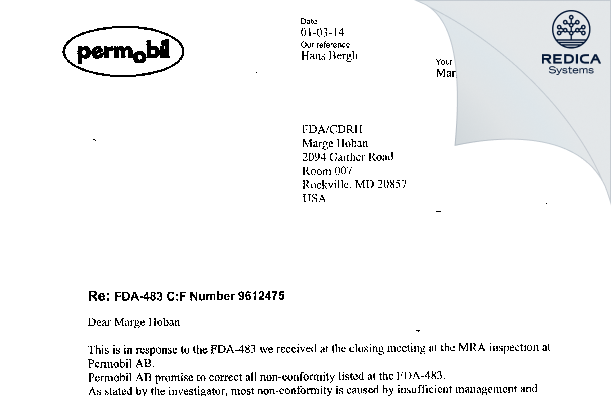 FDA 483 Response - Permobil, Ab [Timra / Sweden] - Download PDF - Redica Systems